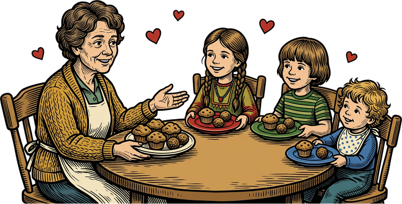 Illustration of a grandmother handing out muffins and energy balls to three children at a round table, small hearts floating above