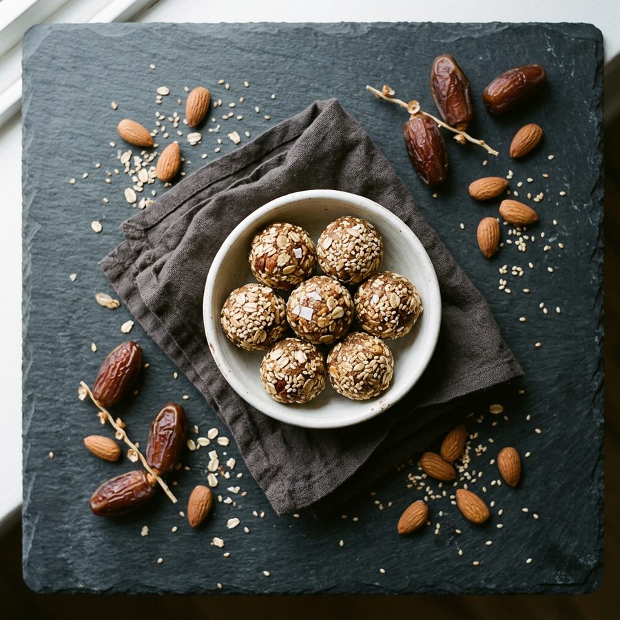 A bowl of oat and sesame energy balls with almonds and dates around it