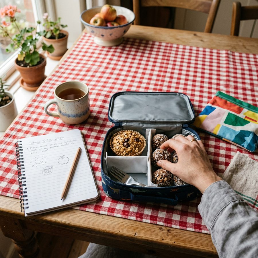 A lunchbox on a gingham tablecloth holding a muffin and energy balls, a hand reaching in
