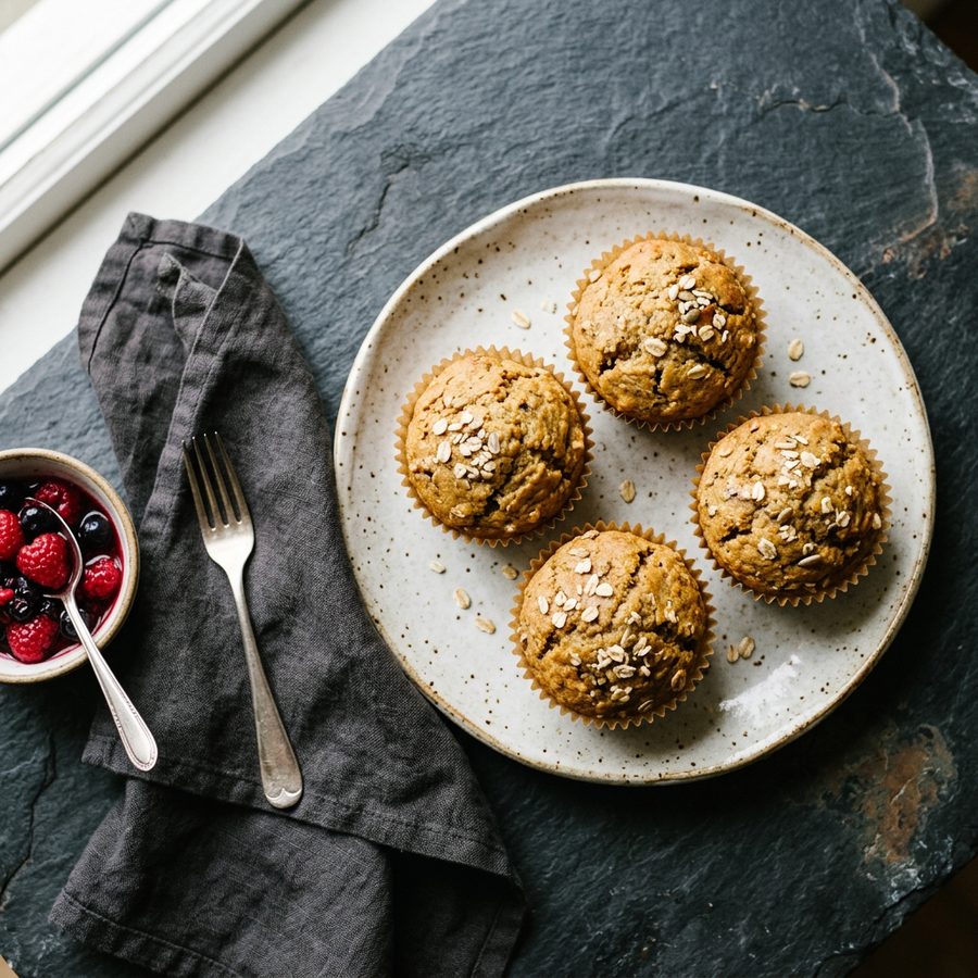 Four oat-topped muffins on a speckled plate with a bowl of berries