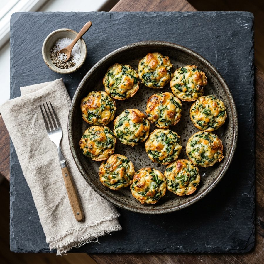A plate of baked savoury bites with greens and cheese