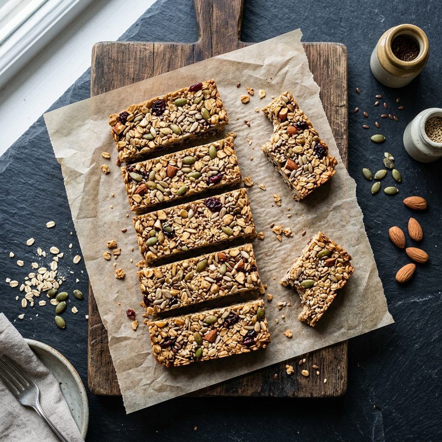 Seed and oat snack bars cut on baking paper over a wooden board
