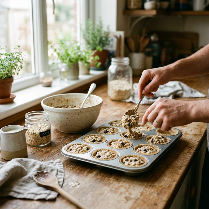 Hands spooning oat batter into a muffin tin on a kitchen counter
