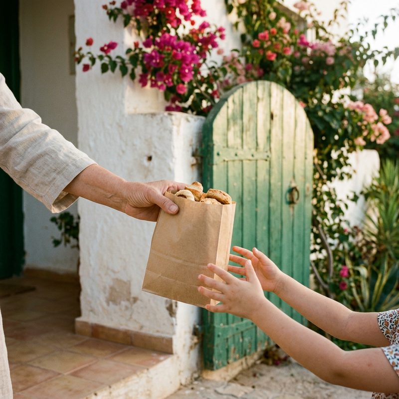 An adult handing a paper bag of baked snacks to a child’s outstretched hands at a garden gate