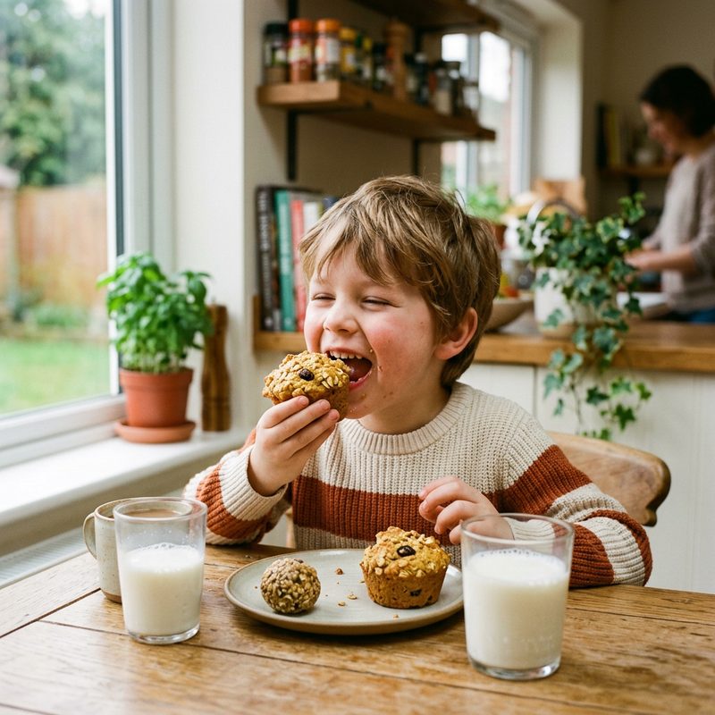 A child taking a big bite of a muffin at the kitchen table, with a glass of milk